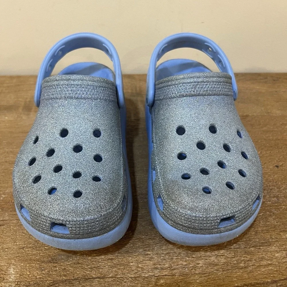 Crocs Kids C13 Platform Clogs Blue Glitter Classic Comfort Strap Slip‎ On Shoes